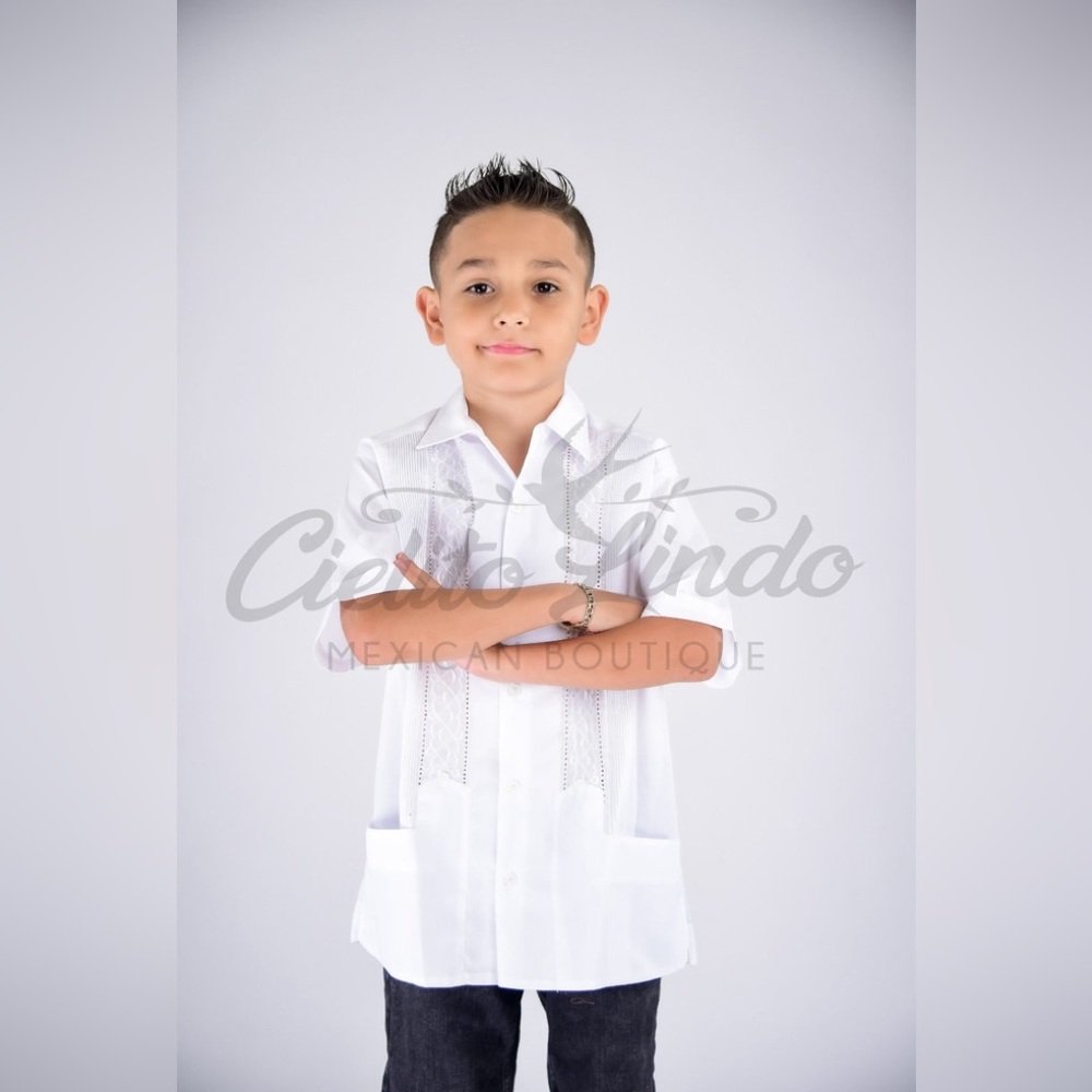 Mexican Fine Cotton Embroidered Guayabera for Babies & Boys White